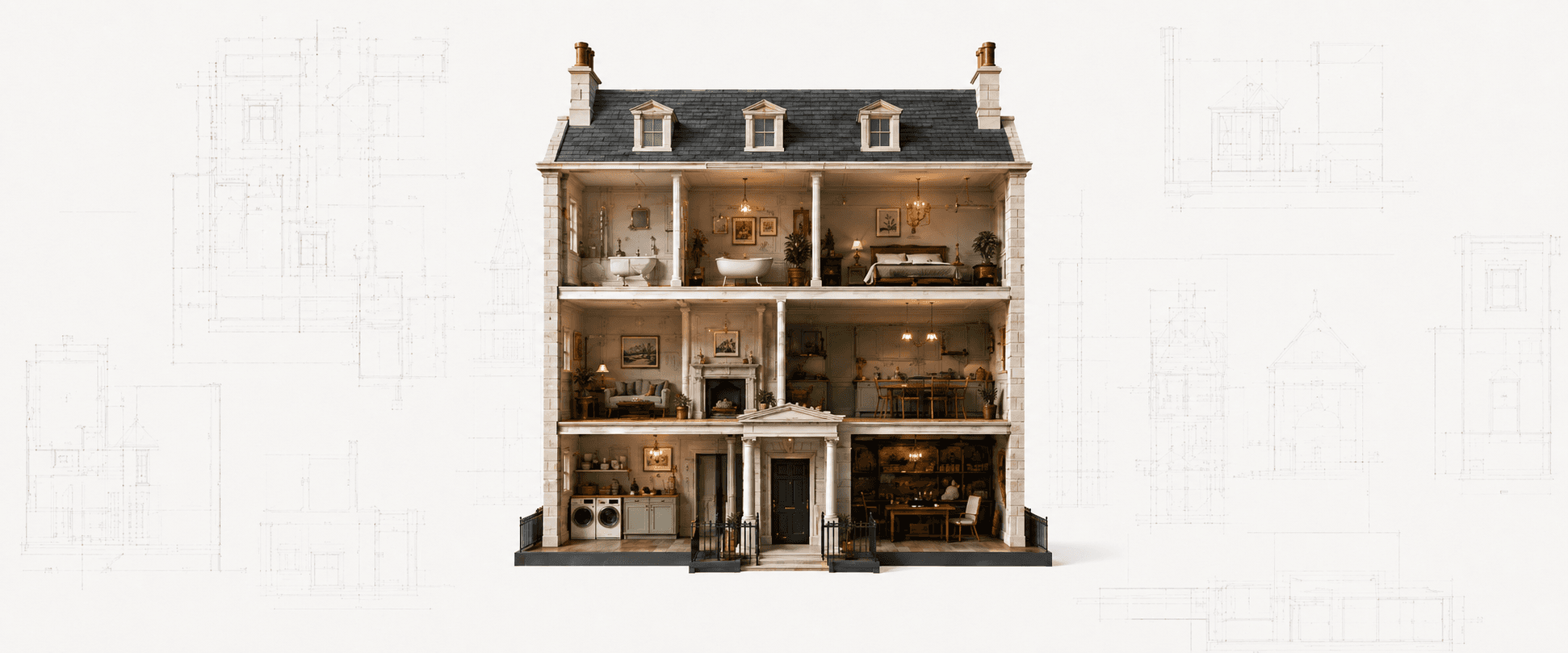 A cutaway Georgian dollhouse, each room furnished and lit, centred on a faint architectural blueprint background.