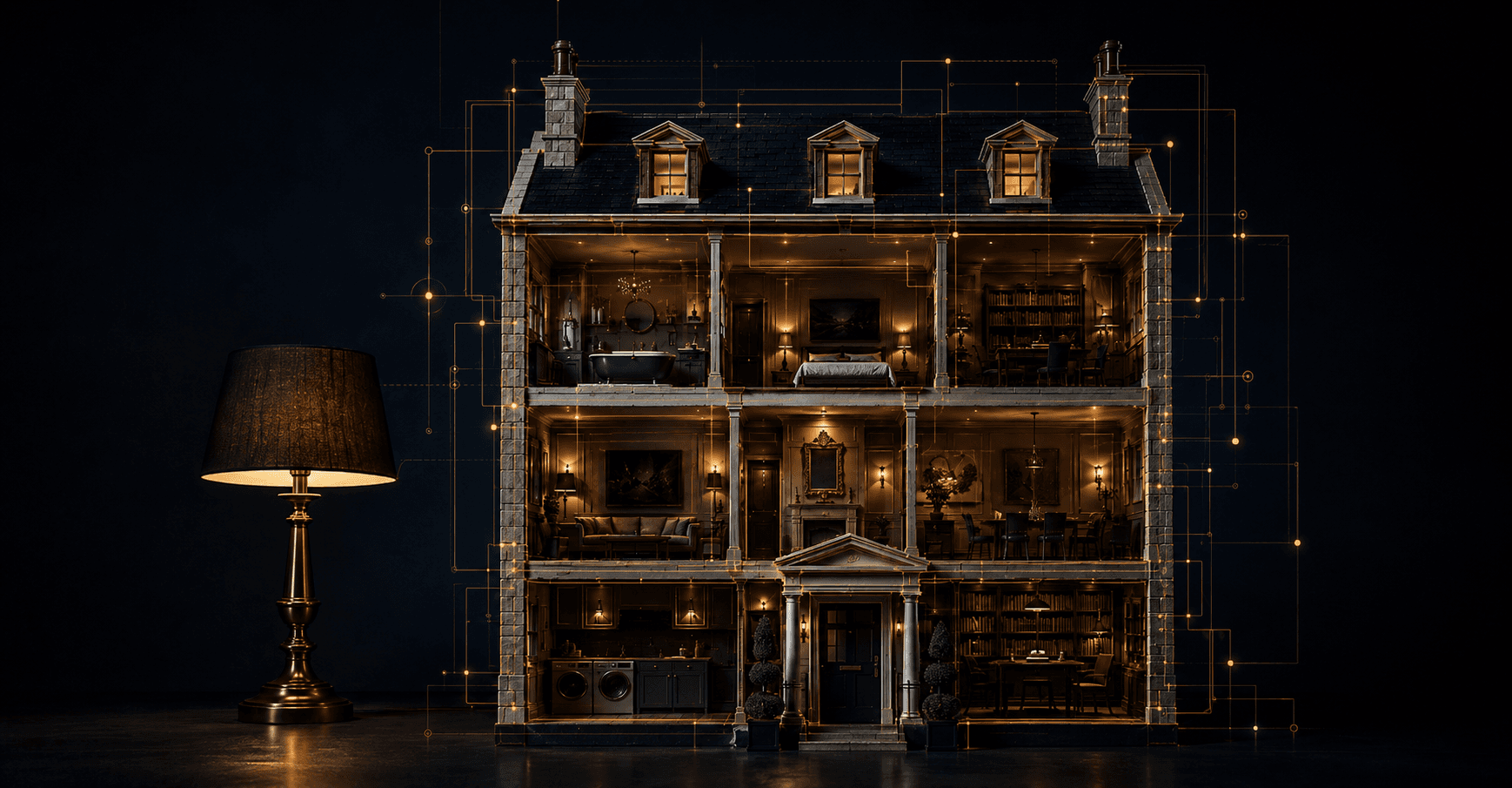 The dollhouse in a dark, lamp-lit setting with subtle engineering linework.