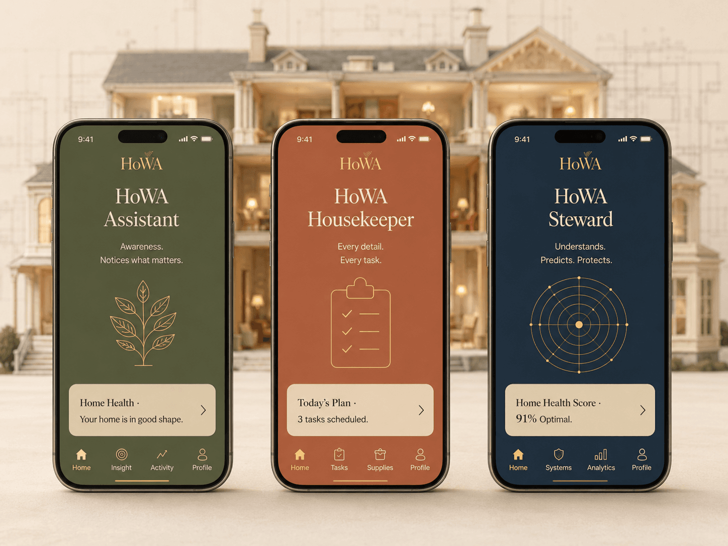 Three phones in the Assistant, Housekeeper and Steward colourways, with the dollhouse softly behind.